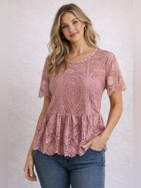Lane Bryant Mauve Lace Peplum Top - Plus Size 18 -Romantic Crochet Blouse.